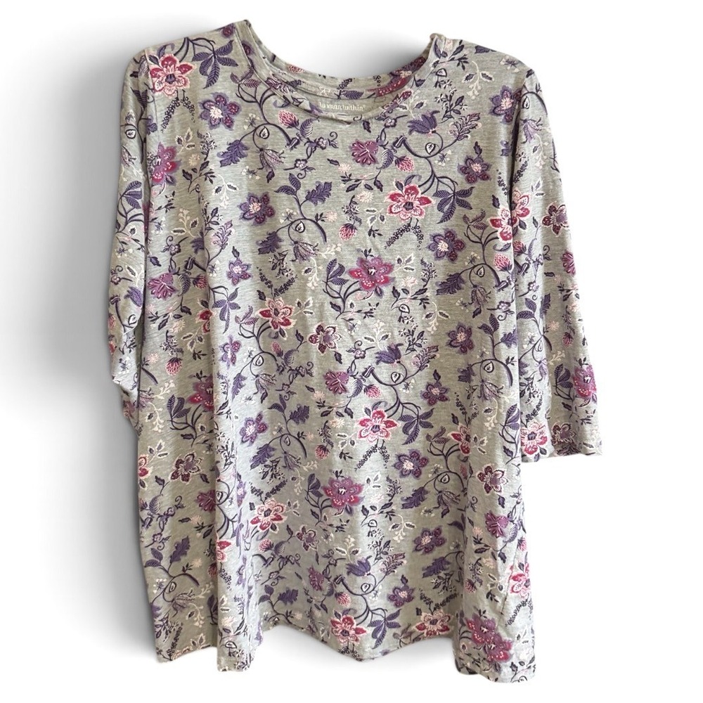 Woman Within Floral T-Shirt 1X Gray 3/4 Sleeve Cotton Knit Botanical Top